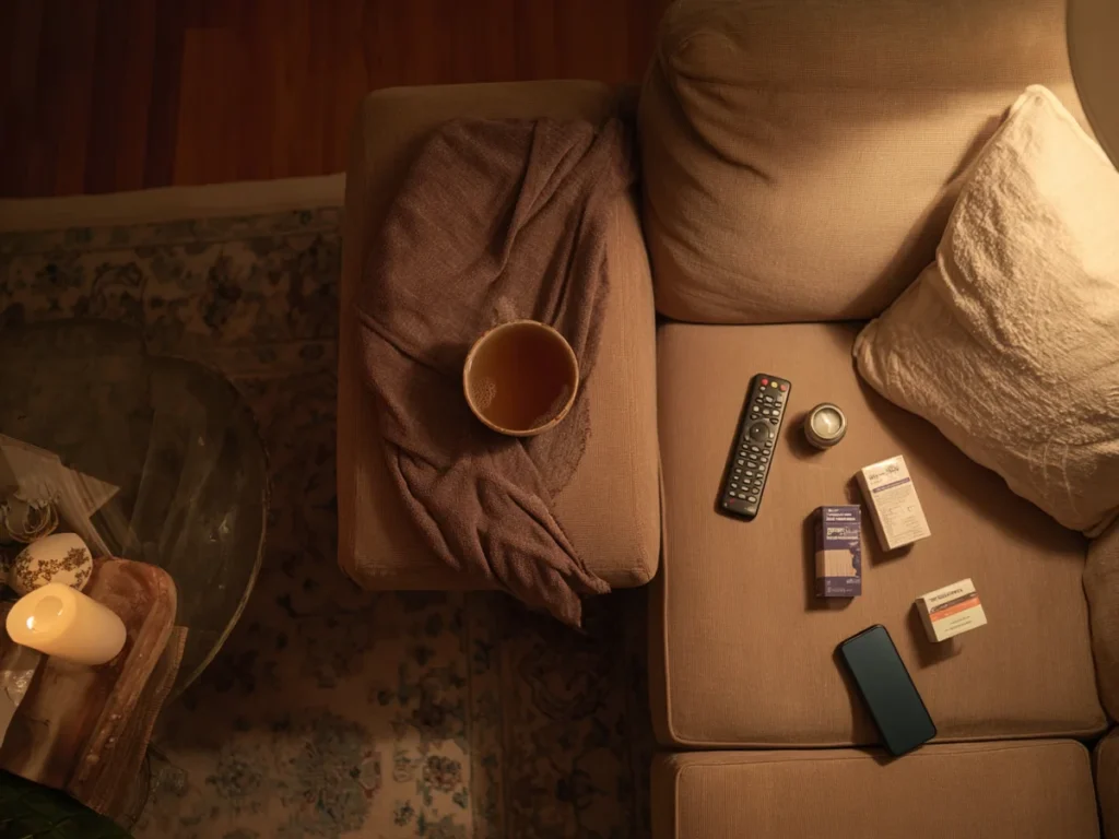 Vista cenital de un rincón del sofá con manta, taza de infusión y mando de tele, el ritual nocturno que se repite